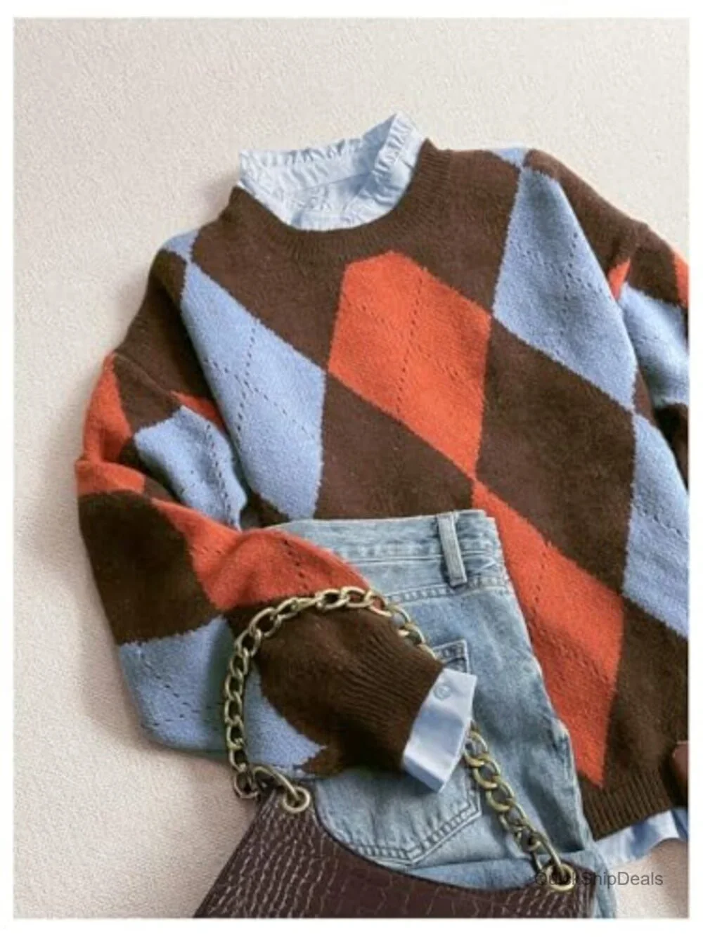 Argyle Plaid Sweater Crew Neck Long Sleeve Knit Vintage Pullover